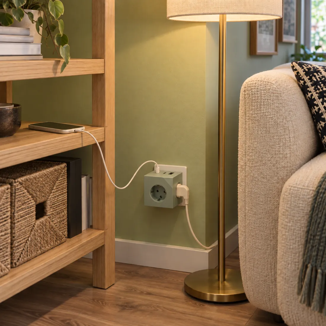 KUBOLT E24 in Sage Green an der Wand einer Leseecke, daneben Regal, Stehlampe und Sessel