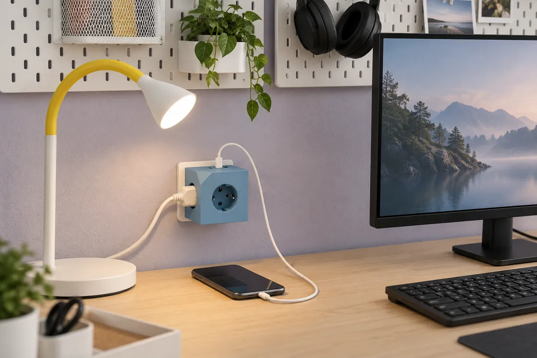 Dove Blue am Schreibtisch neben Monitor und Lampe